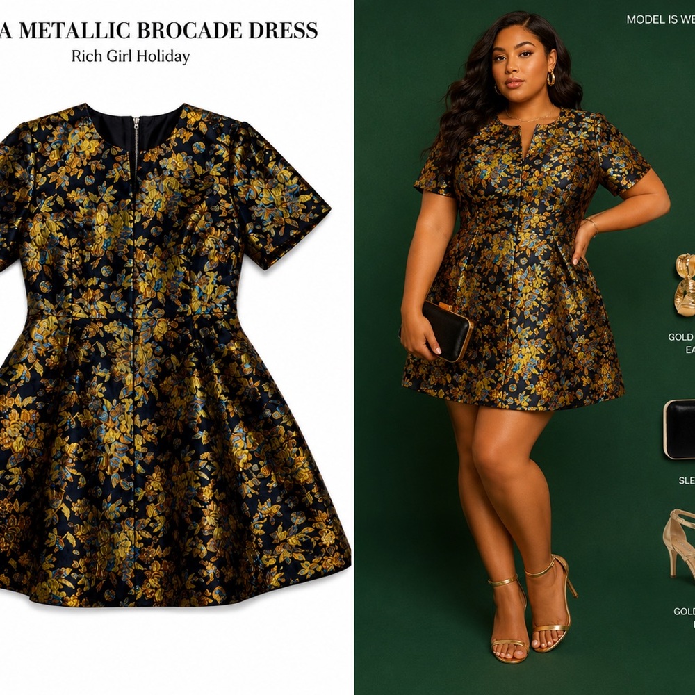 AKIRA Metallic Floral Brocade Mini Dress XL – Gold & Blue Luxe Party Dress - Picture 2 of 3